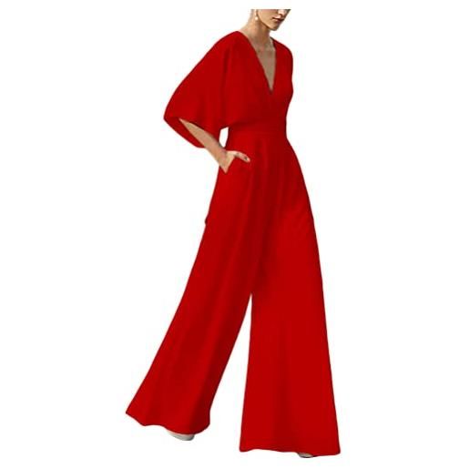 ORANDESIGNE tuta lunga da donna jumpsuit elegante abito cerimonia maniche corte profondo scollo a v tute monopezzi e tutine lunghe a gamba larga pantaloni lungo elegante jumpsuit b verde scuro xs
