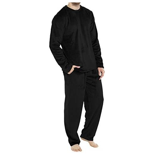 Beokeuioe pigiama da uomo in pile, set da 2 pezzi, lungo, in flanella, invernale, caldo, per la casa, con cappuccio e pantaloni da uomo, in flanella, pigiama, a nero 1, xl