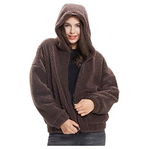 Extreme Pop cappotto con cappuccio invernale da donna in morbido pile teddy sherpa con cappuccio in pile (l, caffè)