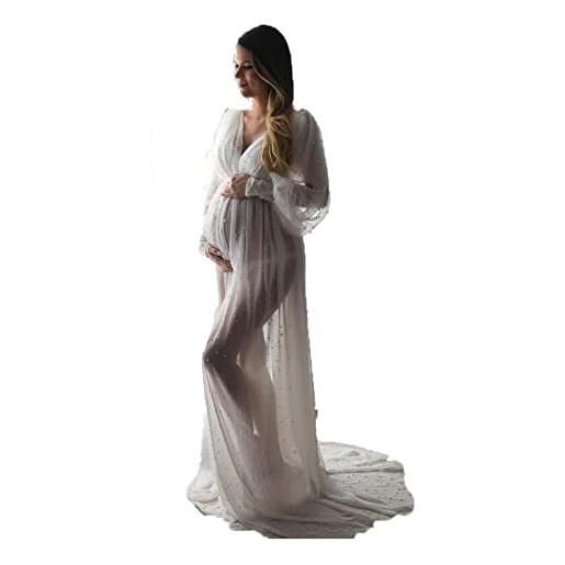 MAYILNSIN abito da donna in tulle maternità con perle scollo a v maniche lunghe in gravidanza fotografia puntelli abito lungo, bianco, s
