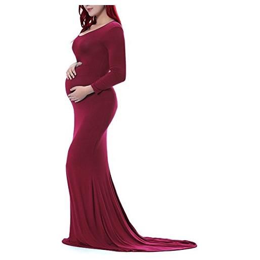 IMEKIS vestito elegante premaman da donna vestiti per servizio fotografico in gravidanza manica lunga gravidanza maxi abito da ballo baby shower fotografia puntelli rosso vino l