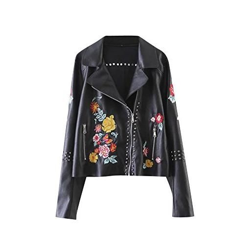 PengGeng chiodo ecopelle giacca giacchetto ricamo fiori giubbino giubbotto corto donna ragazza nero s