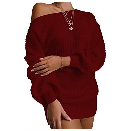 ORANDESIGNE donna autunno invernale maglione vestito sexy senza spalline maglieria maniche lunghe maglione mini abito slim fit pullover a rosso m