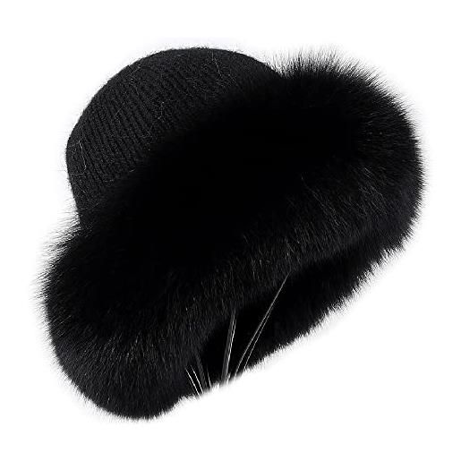 Brillabenny colbacco cappello donna vera pelliccia con pon pon, berretto invernale elegante cosacco russo lana cashmere (nero 1)