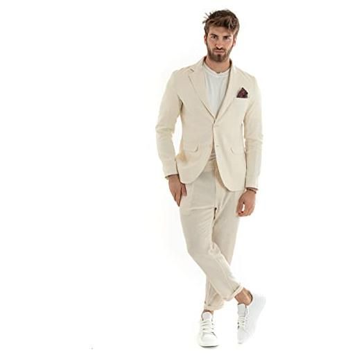 Giosal outfit uomo abito completo lino giacca monopetto pantalone classico tinta unita taschino a pochette (48, camel)