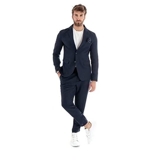 Giosal outfit uomo abito completo lino giacca monopetto pantalone classico tinta unita taschino a pochette (50, blu)