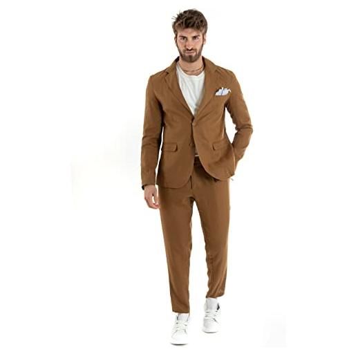 Giosal outfit uomo abito completo lino giacca monopetto pantalone classico tinta unita taschino a pochette (50, blu)