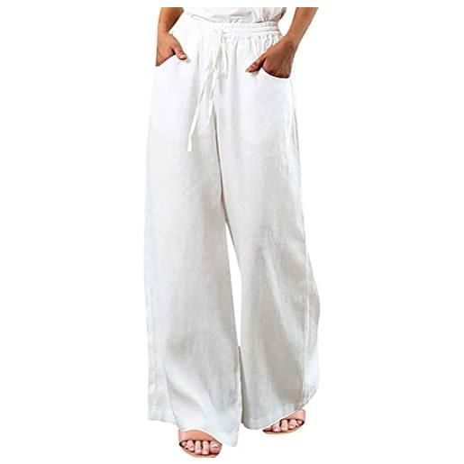 Pantaloni In Lino Donna 3/4 A Gamba Larga, Vita Alta Con Tasche – Leggeri E Comodi Per L'Estate