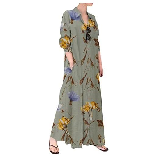EFOFEI ladies loose plus size long shirt dress button down shirt collar dress cotton linen long dress clover fiori bianchi 3xl