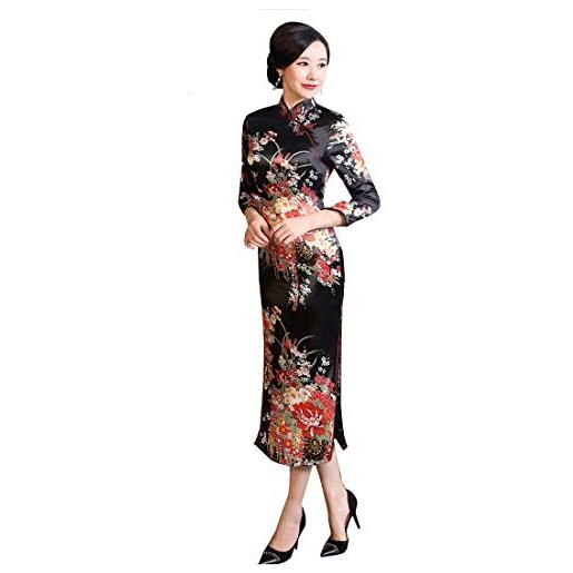 XueXian - abito da donna in raso lungo cheongsam qipao, con stampa floreale, maniche a 3/4, abito cinese da sera nero 16
