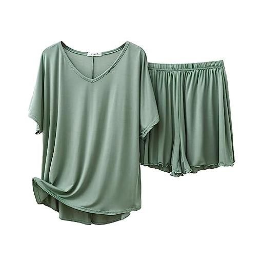 RUGAN pigiami due pezzi da donna corto estivo due pezzi, pigiama da notte cotone casuale maniche corte indumenti da notte taglia grande (verde matcha, xxl)