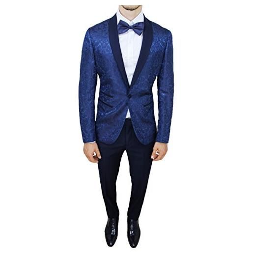 Mat Sartoriale abito completo uomo sartoriale blu tessuto raso floreale slim fit vestito smoking elegante (50)