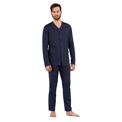 Leo Corsetteria pigiama lungo uomo 100% caldo cotone aperto tasche senza polsini marca linclalor 50 blu 96