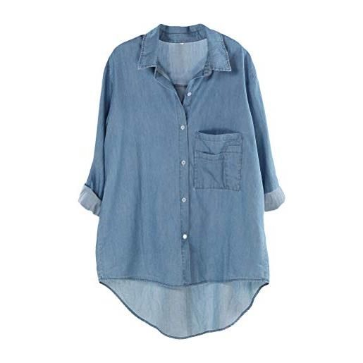 FTCayanz donna camicie scollo a v manica lunga bavero basic tops shirt in cotone lino stile 2 grigio l