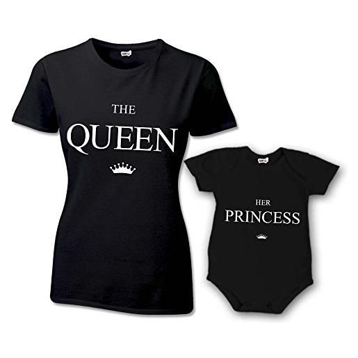 Babloo coppia t-shirt e bodino donna bambino festa della mamma the queen the prince princess t-shirt nere mamma e femminuccia donna s - bimbo 3 mesi