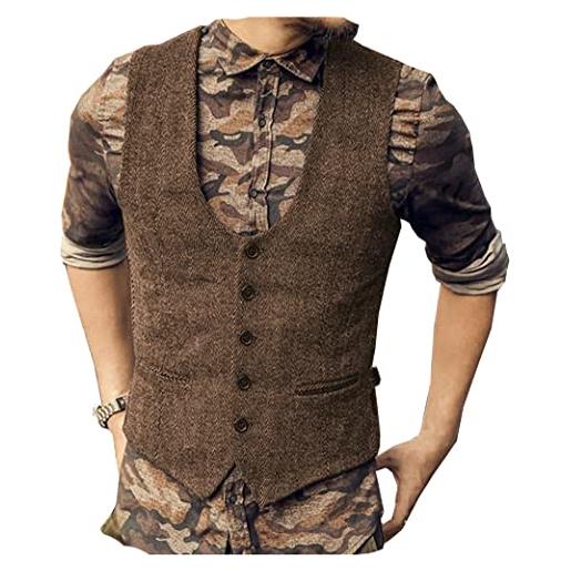 Solove-Suit gilet da uomo classico in tweed gilet a spina di pesce slim fit collo a u per groomsmen matrimonio(caffè, xxxl)
