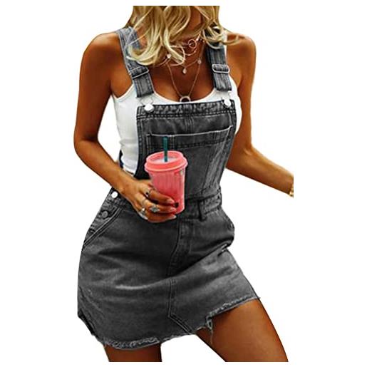 shownicer vestito salopette de denim donna senza maniche abito di jeans estiva casual gonna corta moda buco strappato vestito scamiciato di jeans pantaloncini a blu l
