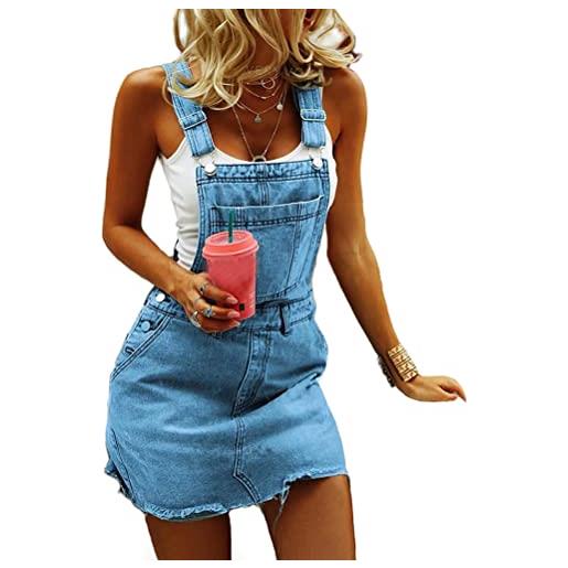 shownicer vestito salopette de denim donna senza maniche abito di jeans estiva casual gonna corta moda buco strappato vestito scamiciato di jeans pantaloncini a blu l