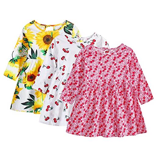 amropi vestito manica lunga da bambina stampa floreale abiti bimba confezione da 3 stile sei, 5-6 anni