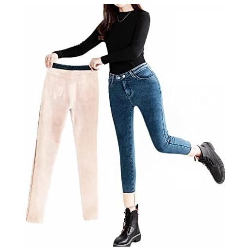 Loalirando jeans imbottiti da donna pantaloni invernali a vita alta fitness jeans caldo in tinta unita stile classico moda autunnale e invernale (blu scuro, x-small)