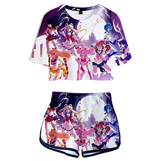 Silver Basic japanese anime costume sailor jupiter crystal t-shirt e shorts sportiva seta per donna adulto, rosa-2, xs