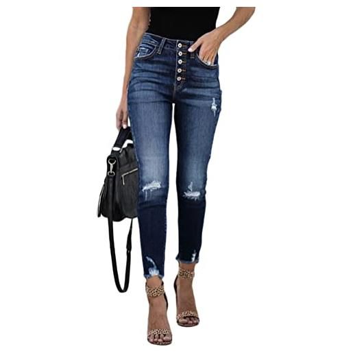 ORANDESIGNE jeans skinny a vita alta da donna pantaloni in denim jeans eleganti strappati pantaloni in jean stretti lunghi jeans jeggings distrutti fori irregolari jeans b blu scuro m