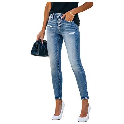 ORANDESIGNE jeans skinny a vita alta da donna pantaloni in denim jeans eleganti strappati pantaloni in jean stretti lunghi jeans jeggings distrutti fori irregolari jeans c blu l
