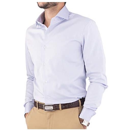 Cashmere Zone camicie uomo 100% cotone made in italy collo francese slim fit e comfort regular fit manica lunga tinta unita (azzurro, 44-xl)