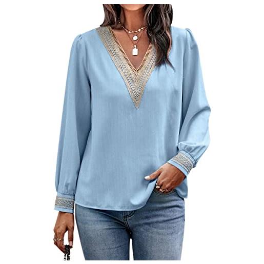 ABYOVRT donna camicia chiffon blusa magliette autunno inverno maniche lunghe eleganti pizzo bluse t shirt tops tinta unita, blu-2, l