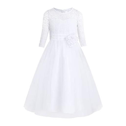 YiZYiF bambina vestito cerimonia elegante pizzo floreale abito da sera festa di compleanno a maniche 3/4 vestito da sposa con cintura 3d fiore bowknot matrimonio bianco 10 anni
