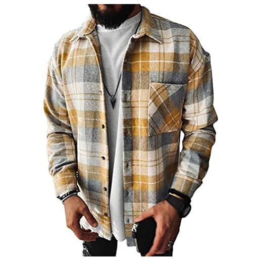 shownicer uomo camicie a quadri casual flanella vestibilità regolare maniche lunghe bottone camicia giacca da boscaiolo giacca da lavoro slim fit shirt d giallo xs