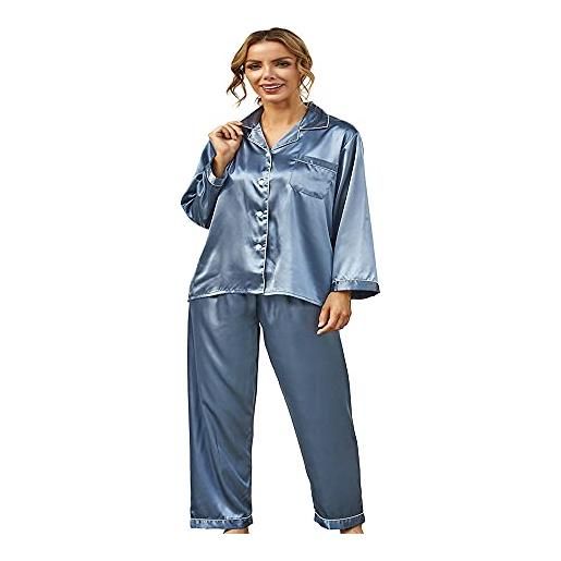 Ladieshow set pigiama da donna, in simil seta/raso, a maniche corte o lunghe, con bottoni, a tinta unita, adatto per tutto l'anno (blu scuro, versione corta, s)