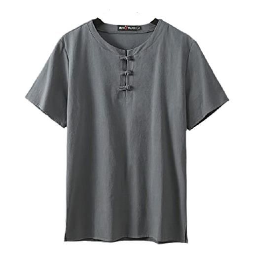 PUCEK tshirt oversize in cotone e lino da uomo, bottone a spirale in stile cinese retrò, camicia casual a maniche corte, nuova tshirt estiva nero 4xl