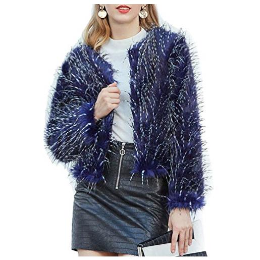 GladiolusA donna cappotto in pelliccia sintetica corto manica lunga caldo pelliccia ecologica giacca finta pelo giubbotto blu xl