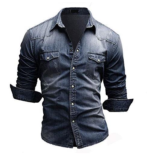 Nobrand jinyuan - camicia da uomo in denim, in cotone, stile primaverile e autunno a maniche lunghe, slim jeans blu scuro xl