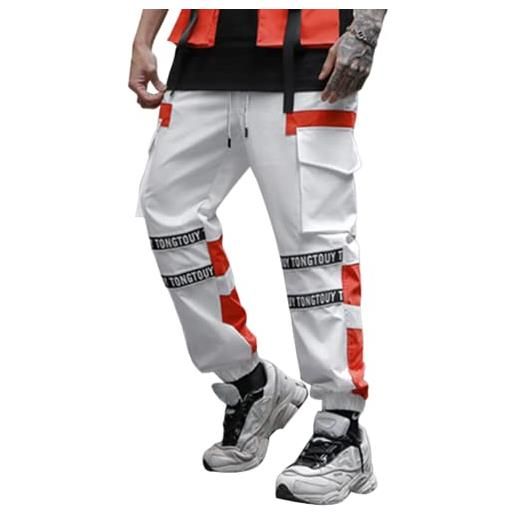 ORANDESIGNE pantaloni da uomo casual street con tasconi laterali cintura elastica multi-tasca hip hop sportivo pants pantaloni da jogging adolescenti giovani zd bianco s