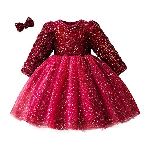 NNJXD ragazza vestito lungo maniche bling stelle stampato tutu compleanno principessa vestito taglia140(6-7 anni) 1220 rosso-a