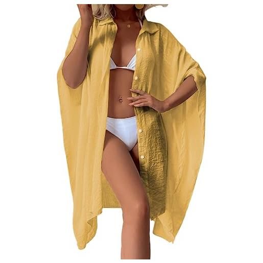 XinCDD copricostume donna mare camicia lunga donna vestito estivo colletto in piedi bikini cover up con bottoni beachwear (bianco)