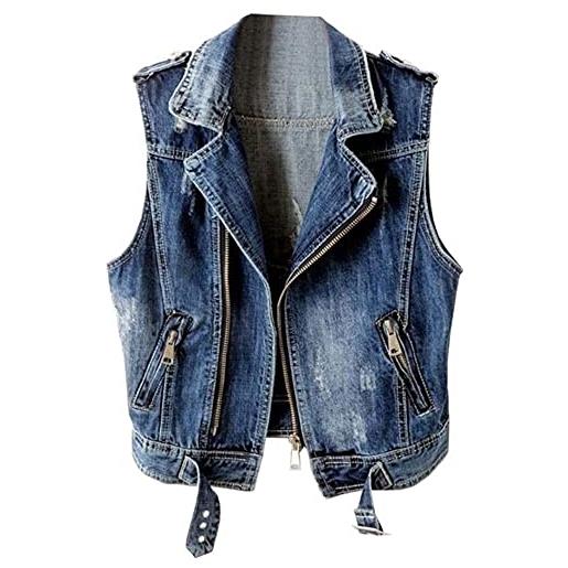 Lazutom gilet da donna senza maniche con cerniera strappata in denim gilet jean trucker moto coat, nero grigio, 42