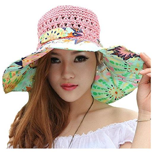 TININNA pieghevole bohemia floreale floscio large wide brim cappello di paglia spiaggia cappello da sole visiera cap per signore delle donne rosa