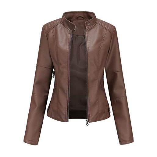 Parkourer giacca elegante donna giacca in pelle waffle da donna giacca corta chiodo donna ecopelle con tasche & cerniere, marrone, xxl