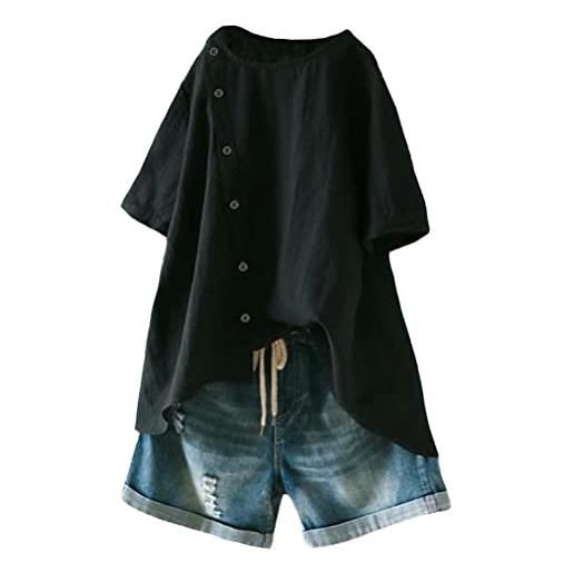 FTCayanz donna camicette manica corta estivi elegante tshirt tops camicia casual bottone blusa nero xl