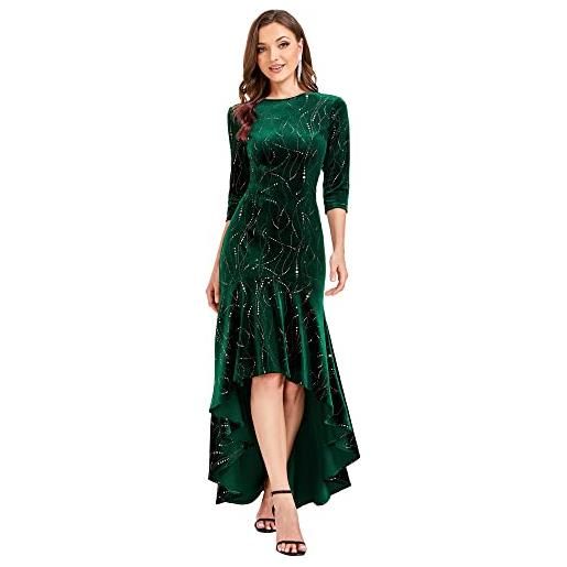 Ever-Pretty vestito da cerimonia velluto manica lunga orlo alto-basso taglie forti abito da sera donna verde scuro 42eu