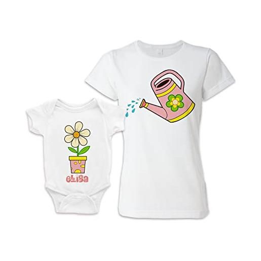 Bulabadoo coppia mamma e femminuccia - body neonata e tshirt - con nome personalizzabile - fiorellino - fiore - flower - annaffiatoio - innaffiatoio - simpatici - bimba - femminuccia - idea regalo