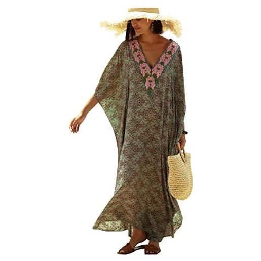 QTUN vestito lungo fiori donna estivo abito etnico tribale boho chic tunica da spiaggia caftano africano kaftano indiano kimono mare vestiti stampa floreale tropicale copricostumi e parei zscpdn0562rd