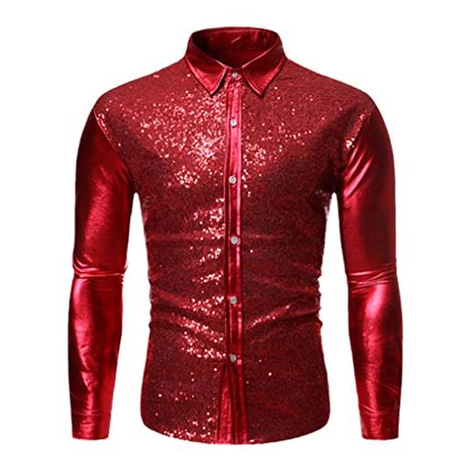 GTSFTJ camicia da ballo da uomo con paillettes metallizzate nere da discoteca da ballo camicie da uomo per feste di halloween, rosso, m