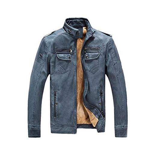 Minetom uomo giacca in ecopelle giubbotto vintage moto in pu parka con zip antivento cappotto manica lunga finta pelle biker giacca blu l