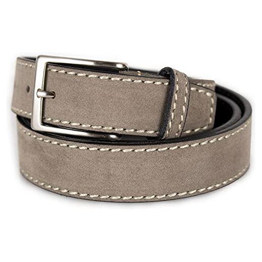 Emila cintura tortora scamosciata uomo cinta camoscio artigianale casual 3,5 cm con fibbia per jeans abiti da ragazzo made in italy belt classica elegante cuciture ai bordi impunture vera pelle fango