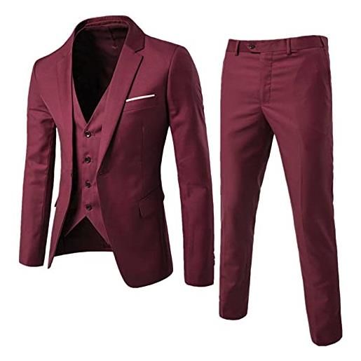 Agoky 3 pezzi blazer uomo giacca elegante + pantaloni + gilet formale base slim fit abito classico per festa cerimonia matrimonio affari completo smoking borgogna l