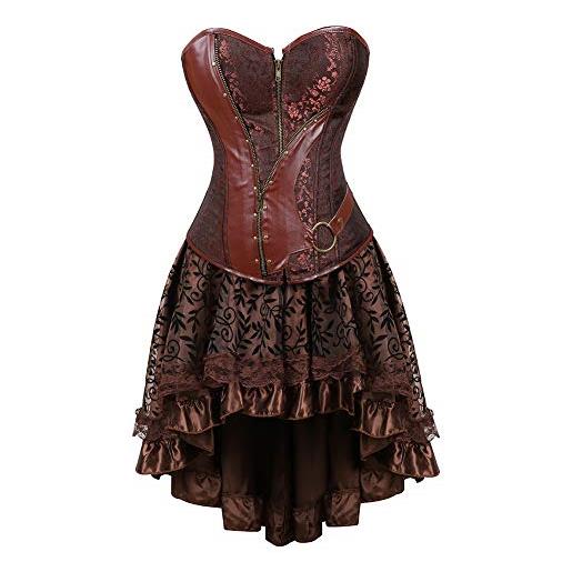 WLFFW corsetto pelle e gonna tutu corpetto donna steampunk cerniera(eu(38-40) xl, marrone)